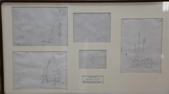 Attributed to George Chinnery (1774-1852), five pencil sketches of junks, fishermen, etc, framed together, and two other items,